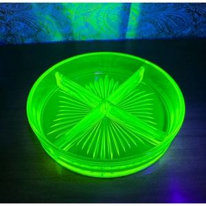 Vintage round divided Vaseline glass candy/nut dish